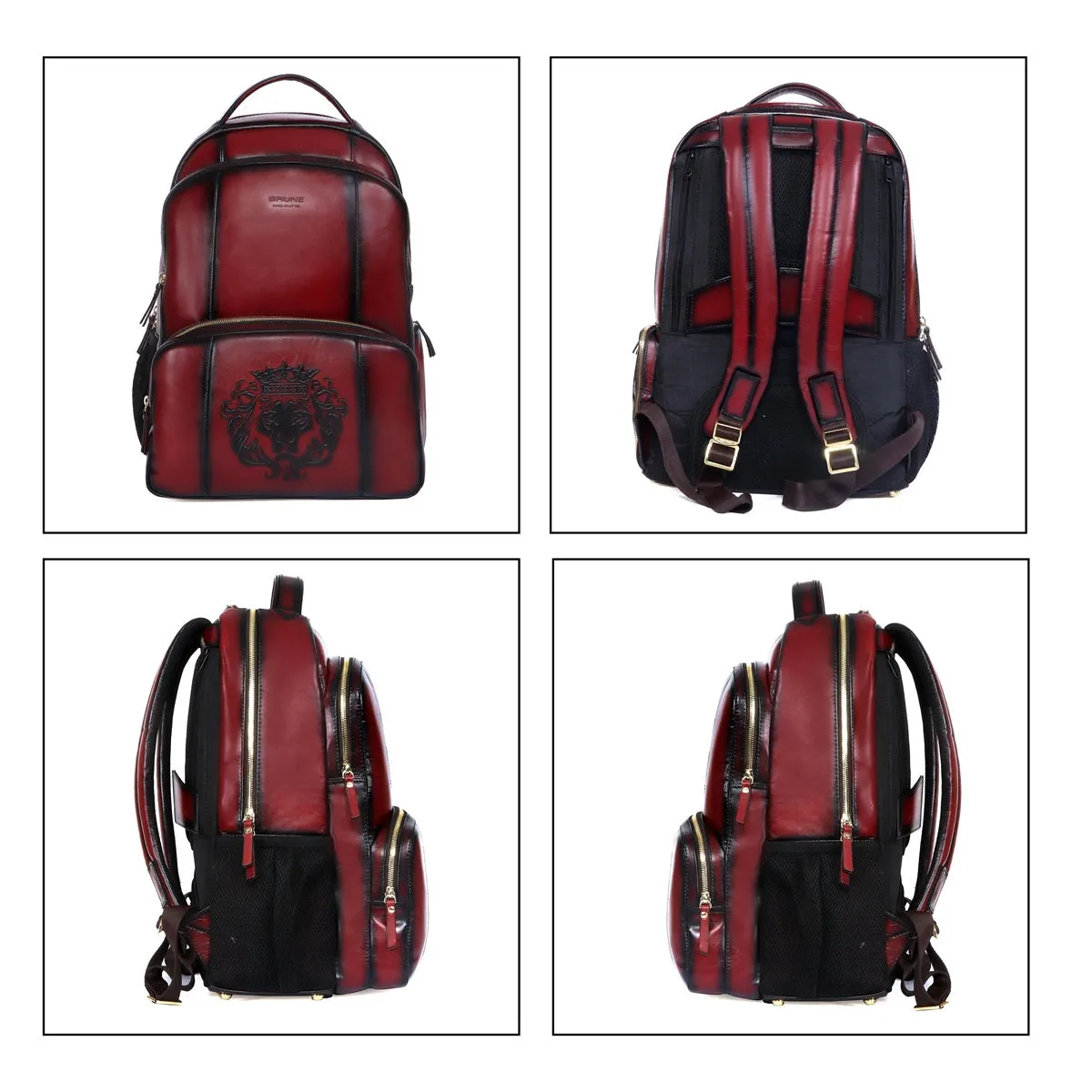 Wine Genuine Leather Backpack With Multi Compartment