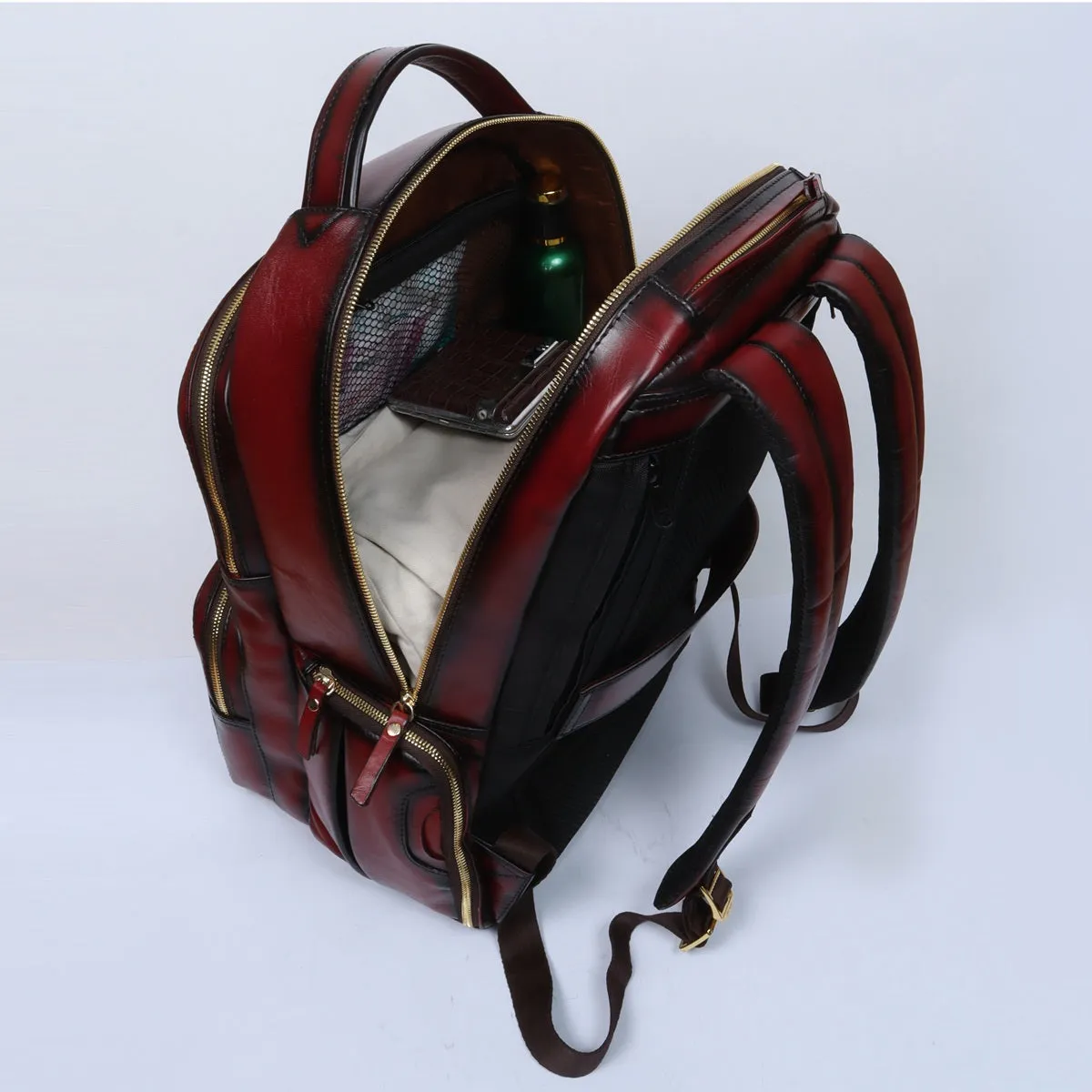 Wine Genuine Leather Backpack With Multi Compartment