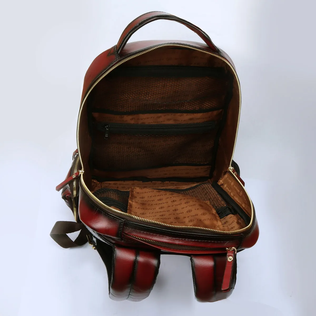 Wine Genuine Leather Backpack With Multi Compartment