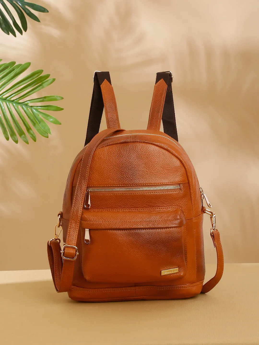 Women Tan Texture Leather Backpack