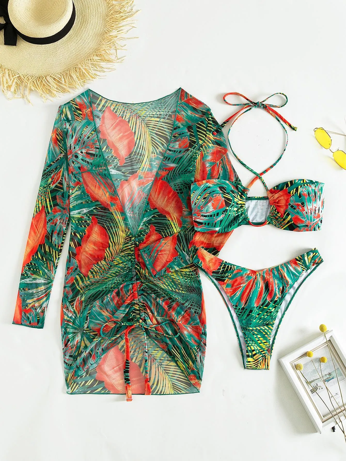 Women's Green Leaves Printed Long Sleeves Cover Up 3 Piece Swimsuit