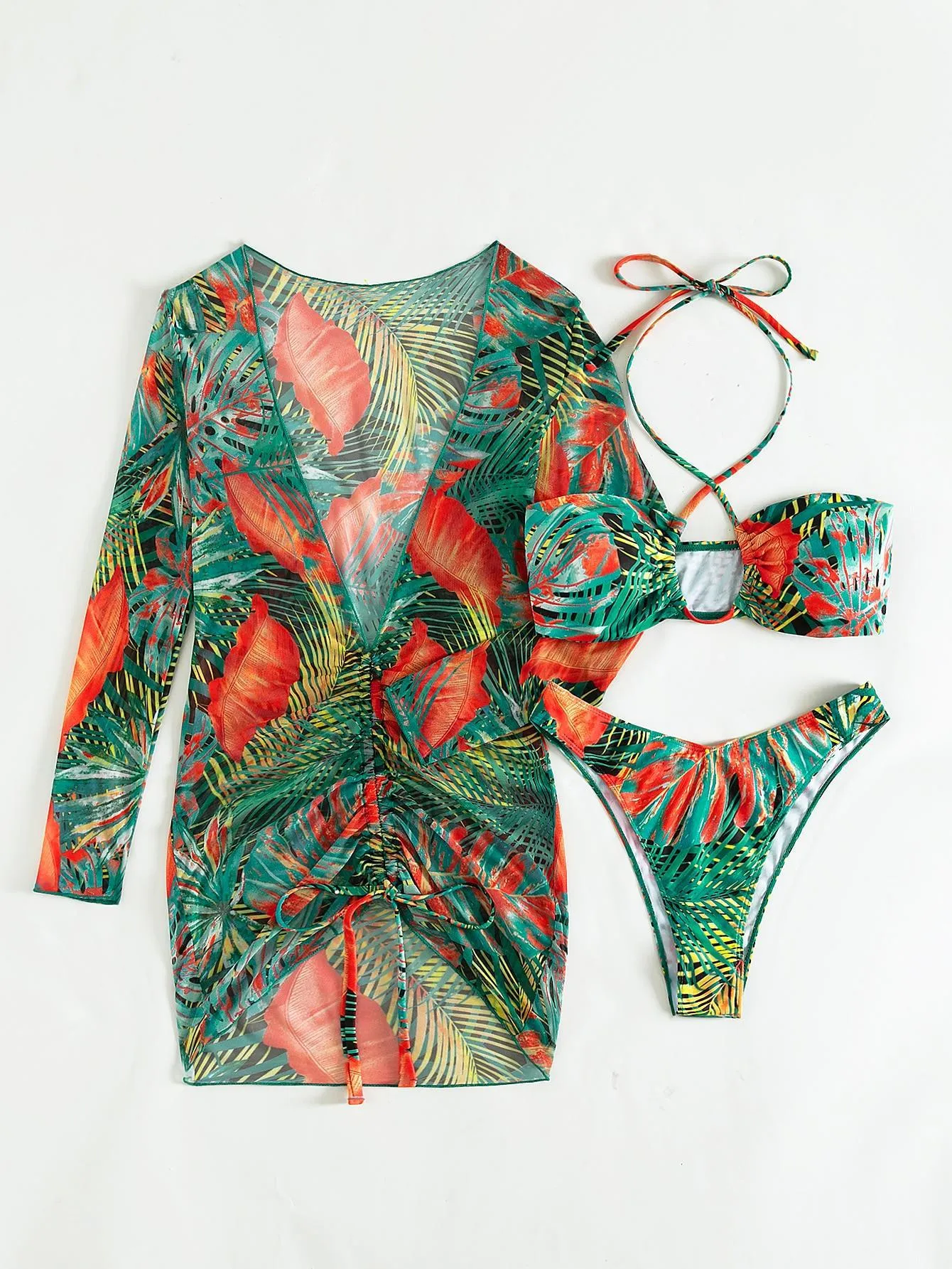 Women's Green Leaves Printed Long Sleeves Cover Up 3 Piece Swimsuit