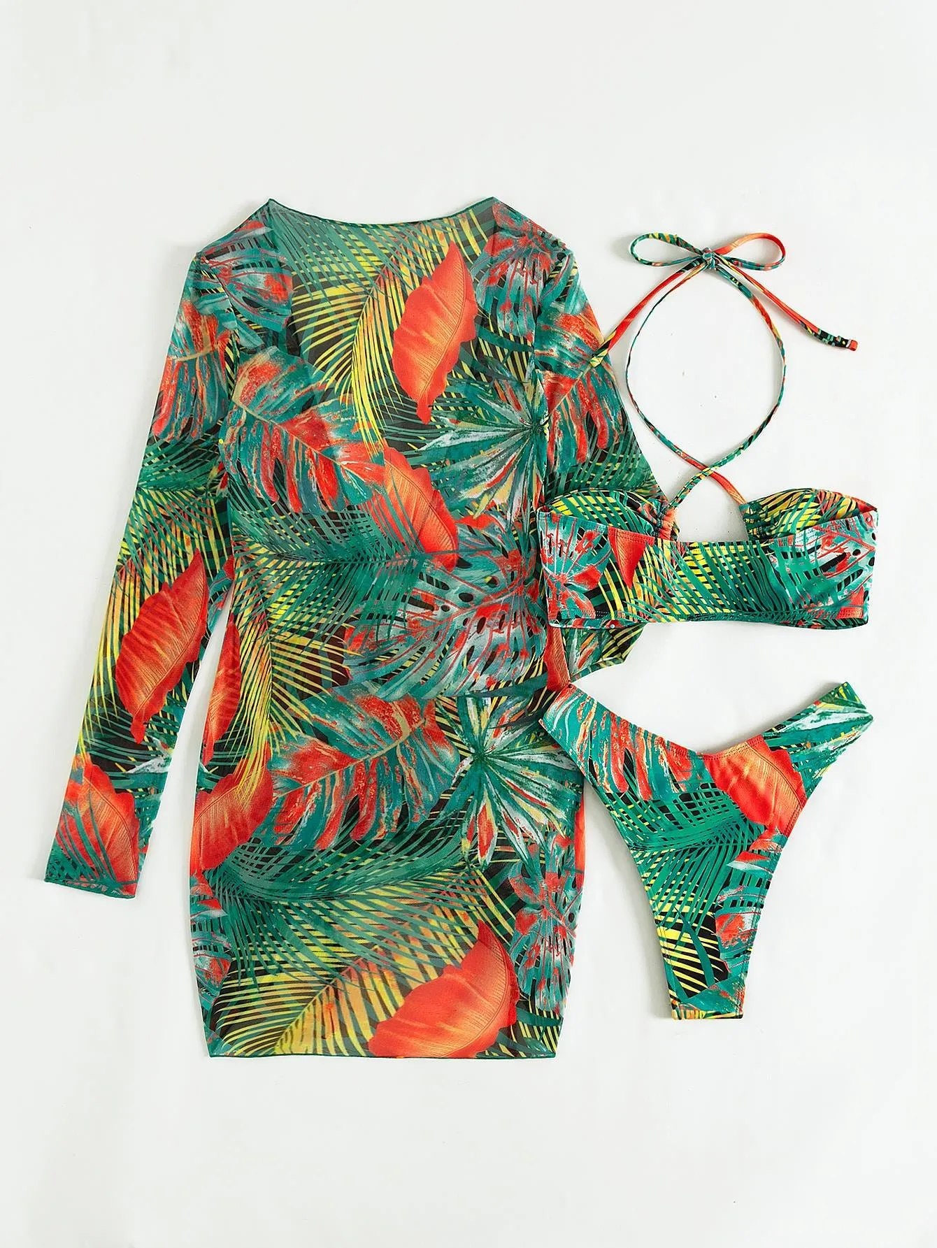 Women's Green Leaves Printed Long Sleeves Cover Up 3 Piece Swimsuit