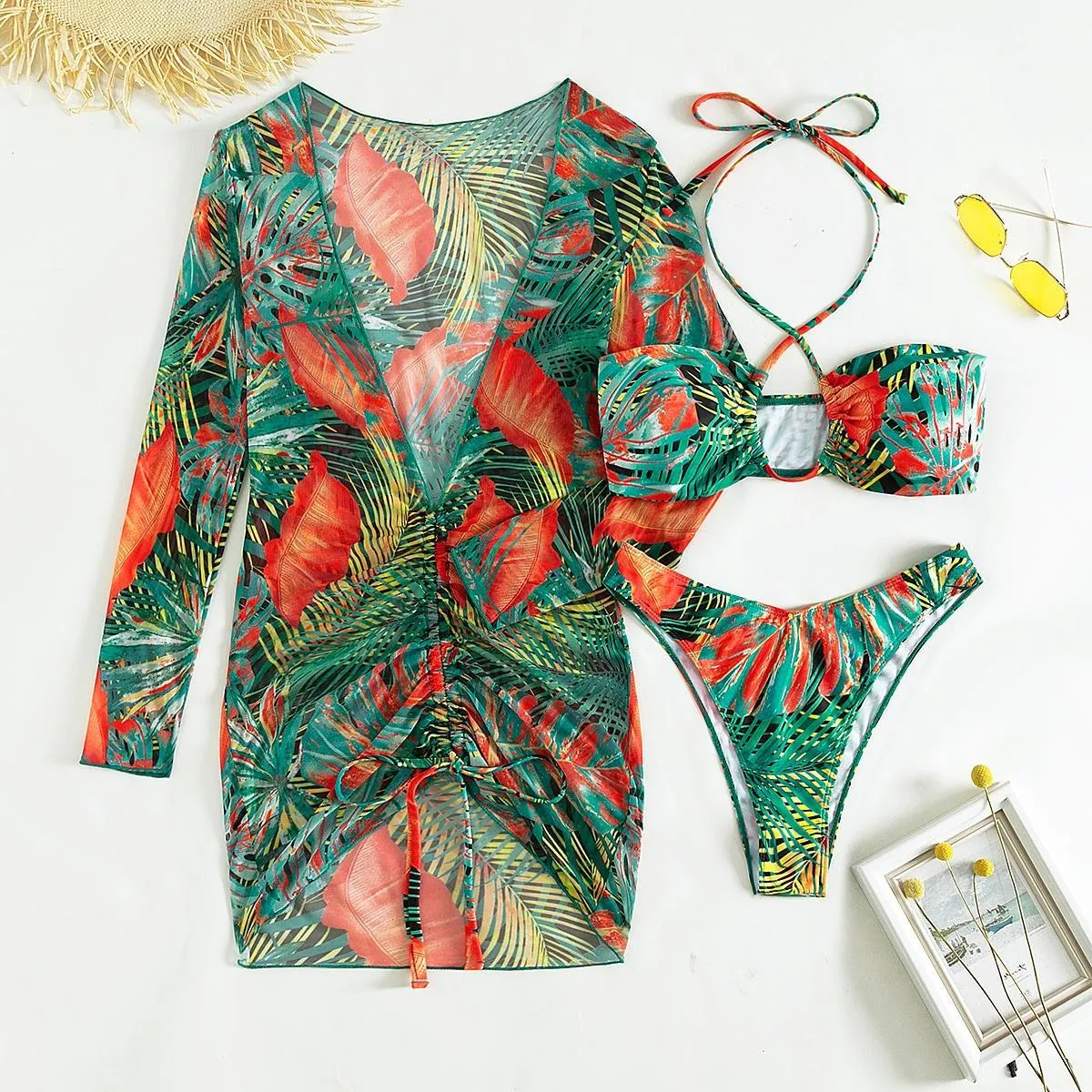 Women's Green Leaves Printed Long Sleeves Cover Up 3 Piece Swimsuit