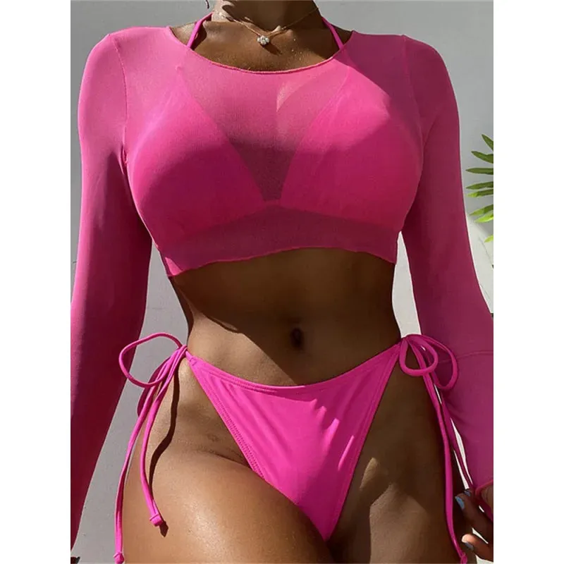 Women's Summer Sexy Polyester Long Sleeve Cover-Up 3 Piece Bikini Set