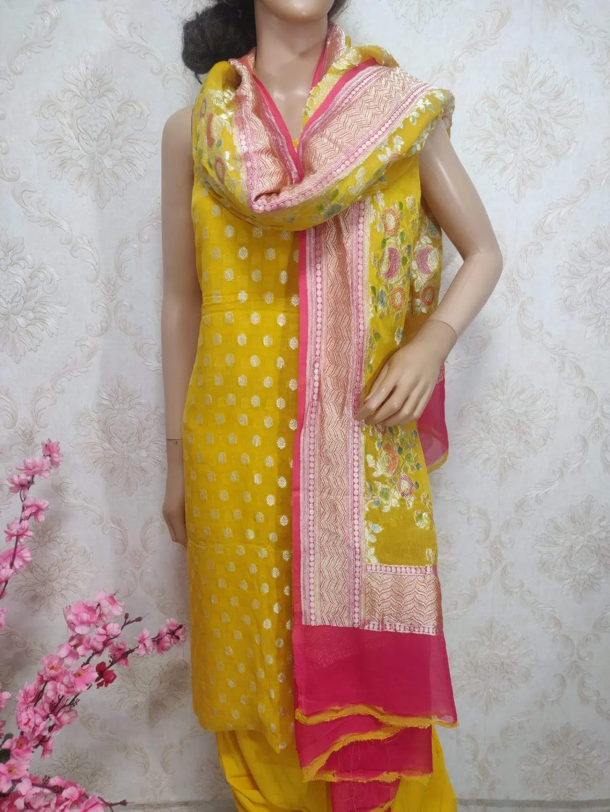 Yellow Handloom Banarasi Pure Georgette Three Piece Unstitched Suit Set With Brush Dye Dupatta