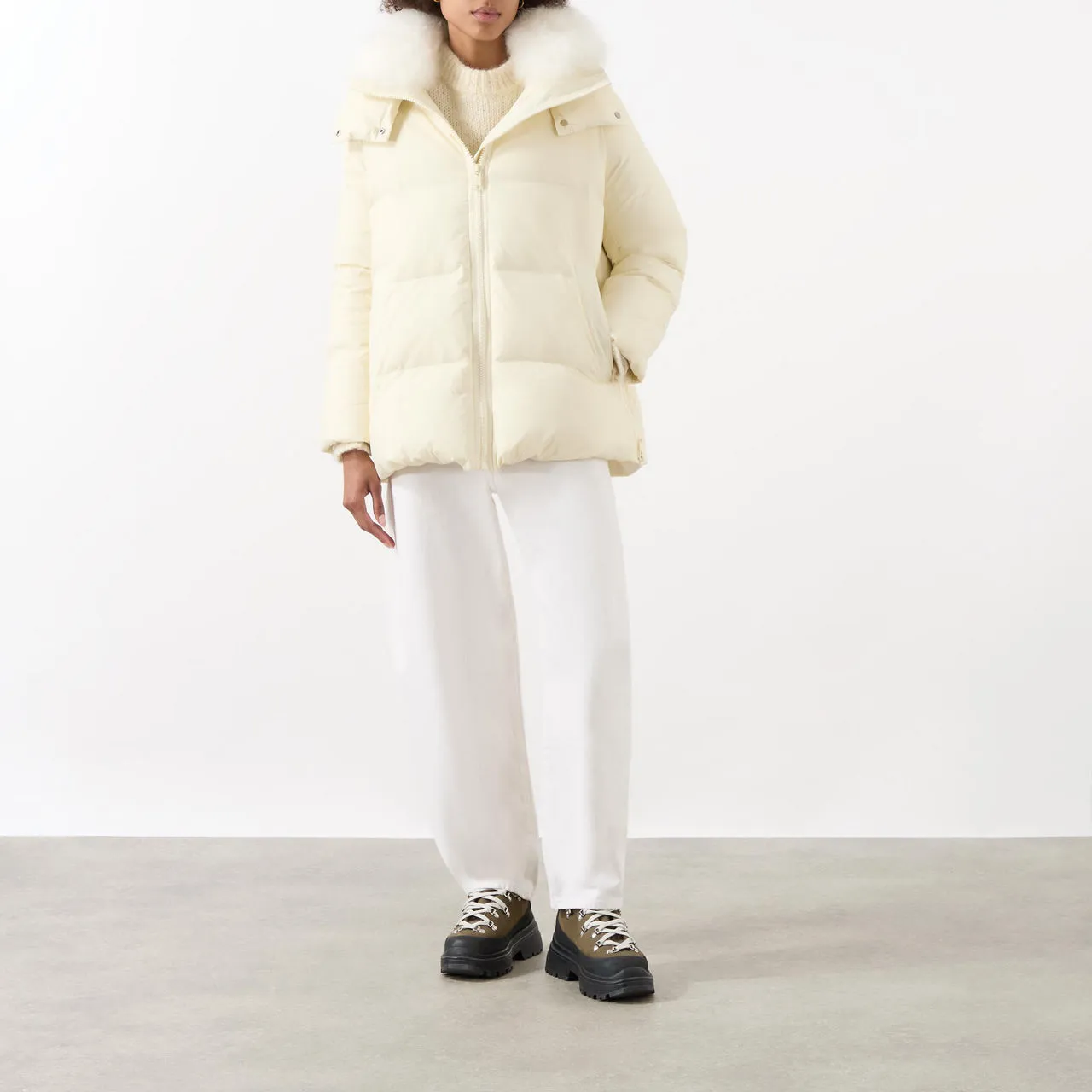 YVES SALOMON A-Line Shearling Down Jacket - Cream