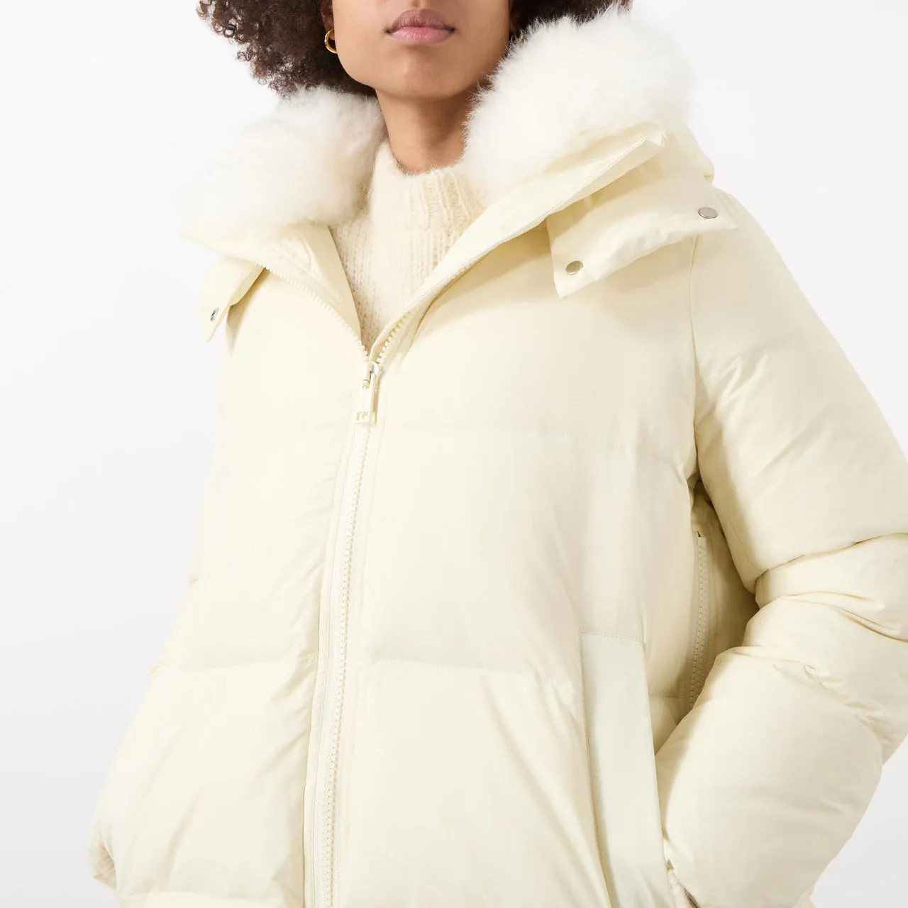 YVES SALOMON A-Line Shearling Down Jacket - Cream