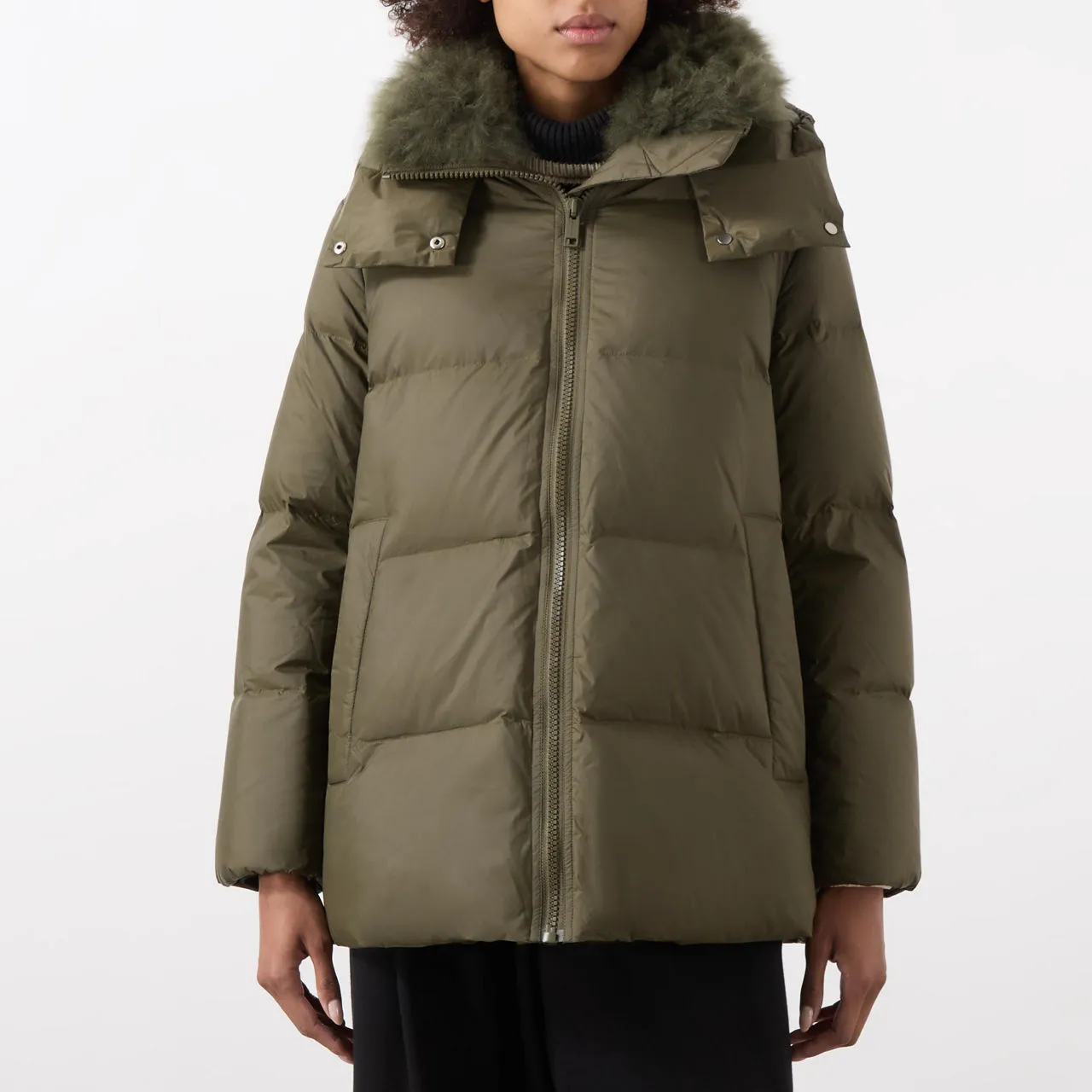 YVES SALOMON A-Line Shearling Down Jacket - Khaki