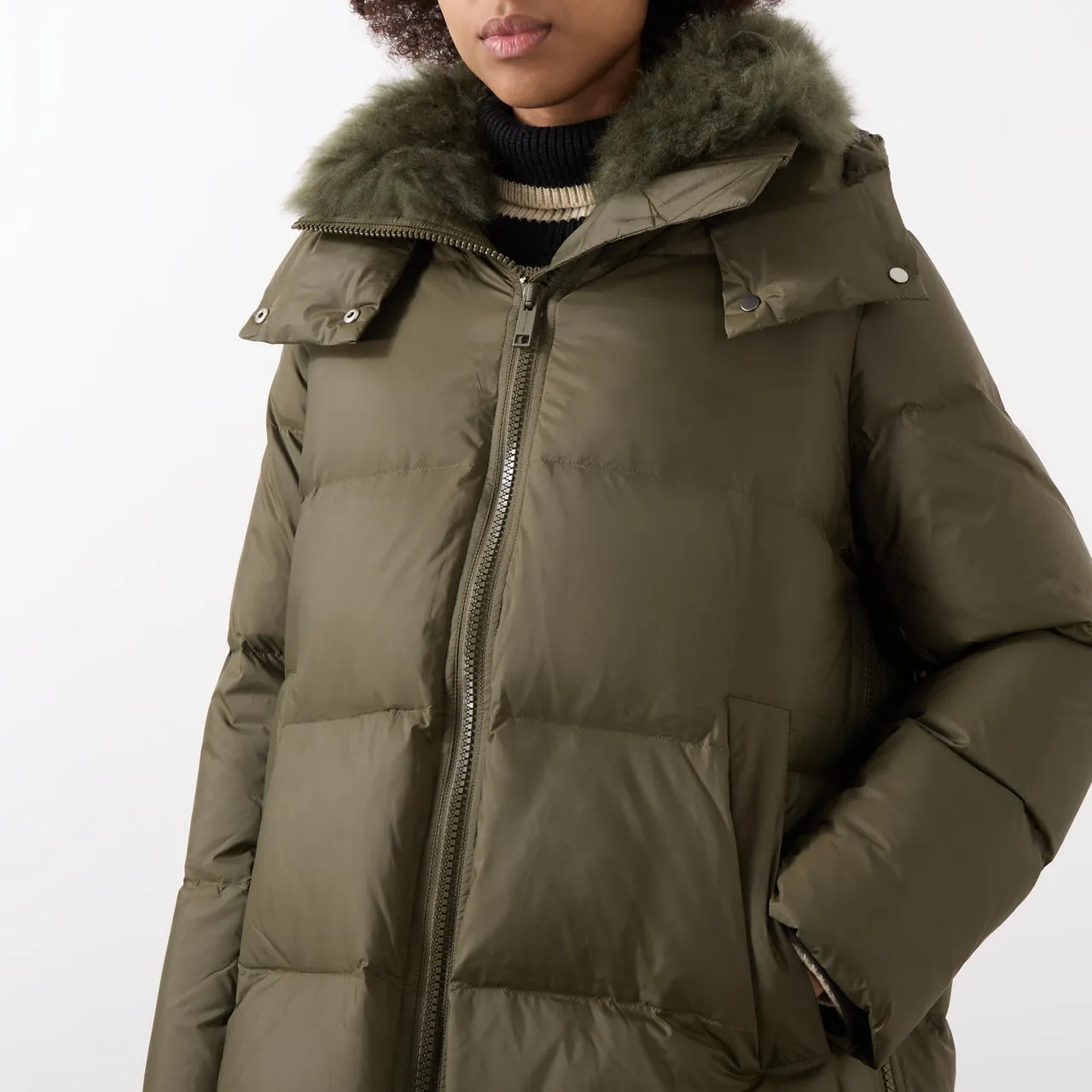 YVES SALOMON A-Line Shearling Down Jacket - Khaki