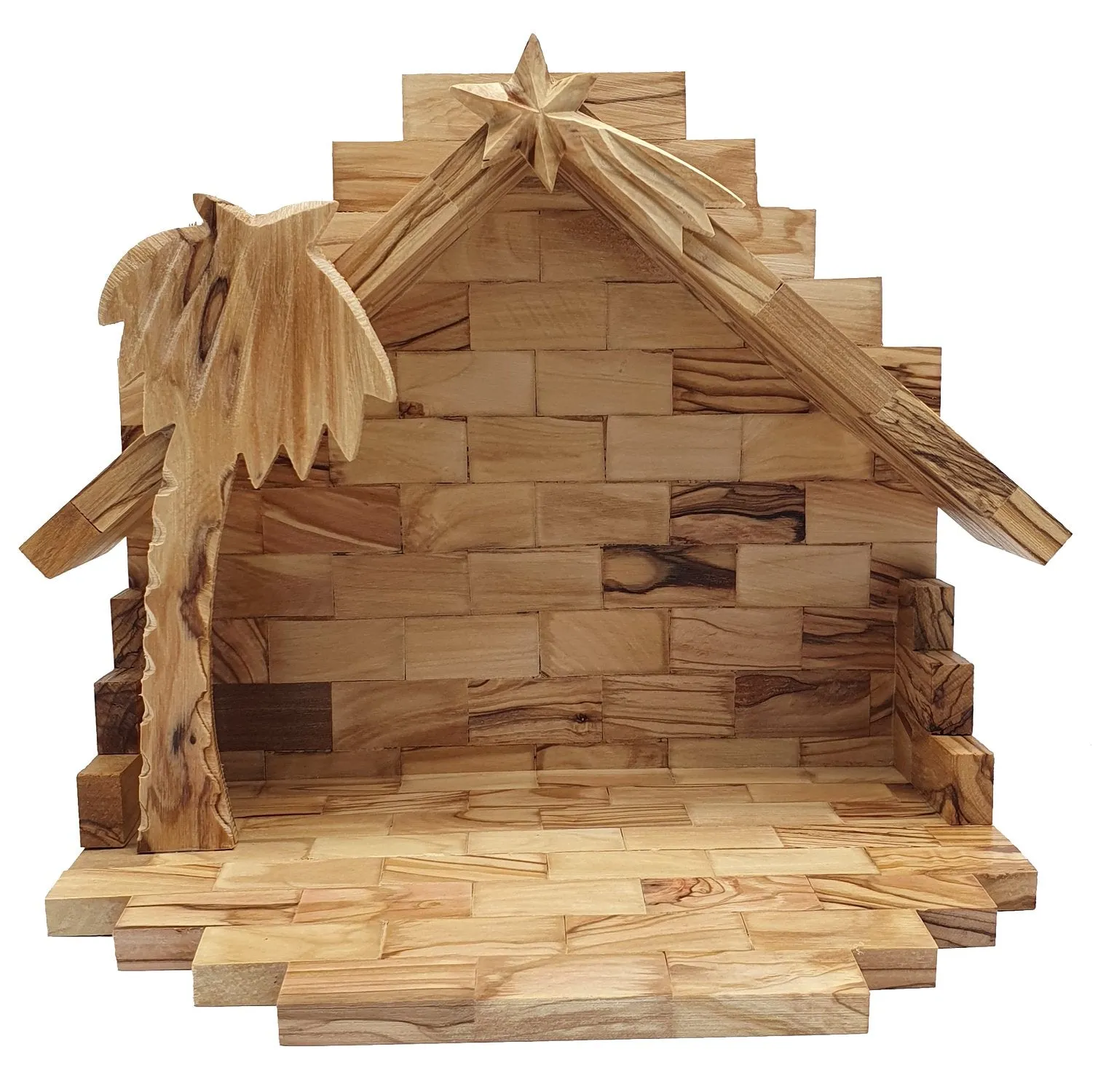 Zuluf Hand-Carved Nativity Set Scene with Authentic Bark Roof - Crafted in Bethlehem, 8.4 Inches